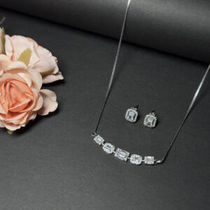 92.5 Sterling Silver Emerald-Cut Zircon Necklace & Earrings Set